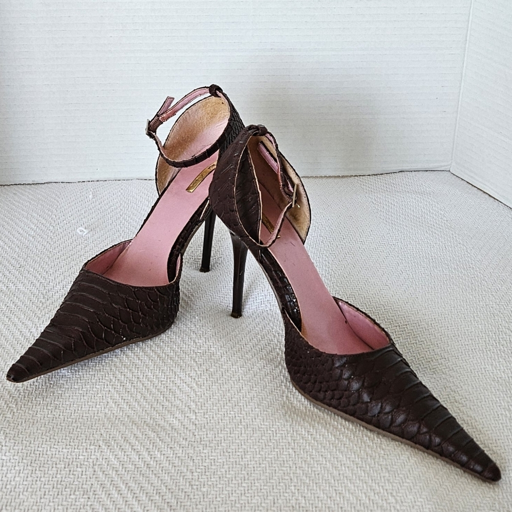 Elegant Brown Stiletto Heels In Brown Faux Snakeskin, Size 9